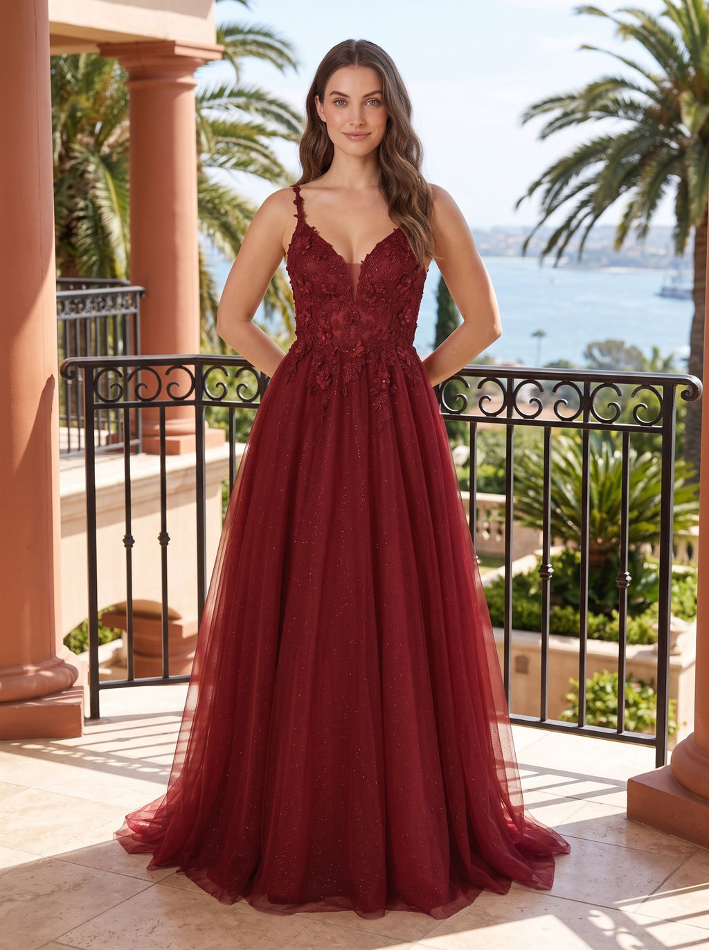 Wine Tulle A-Line V-Neck Illusion Floor-Length Dress with Floral Embroidery