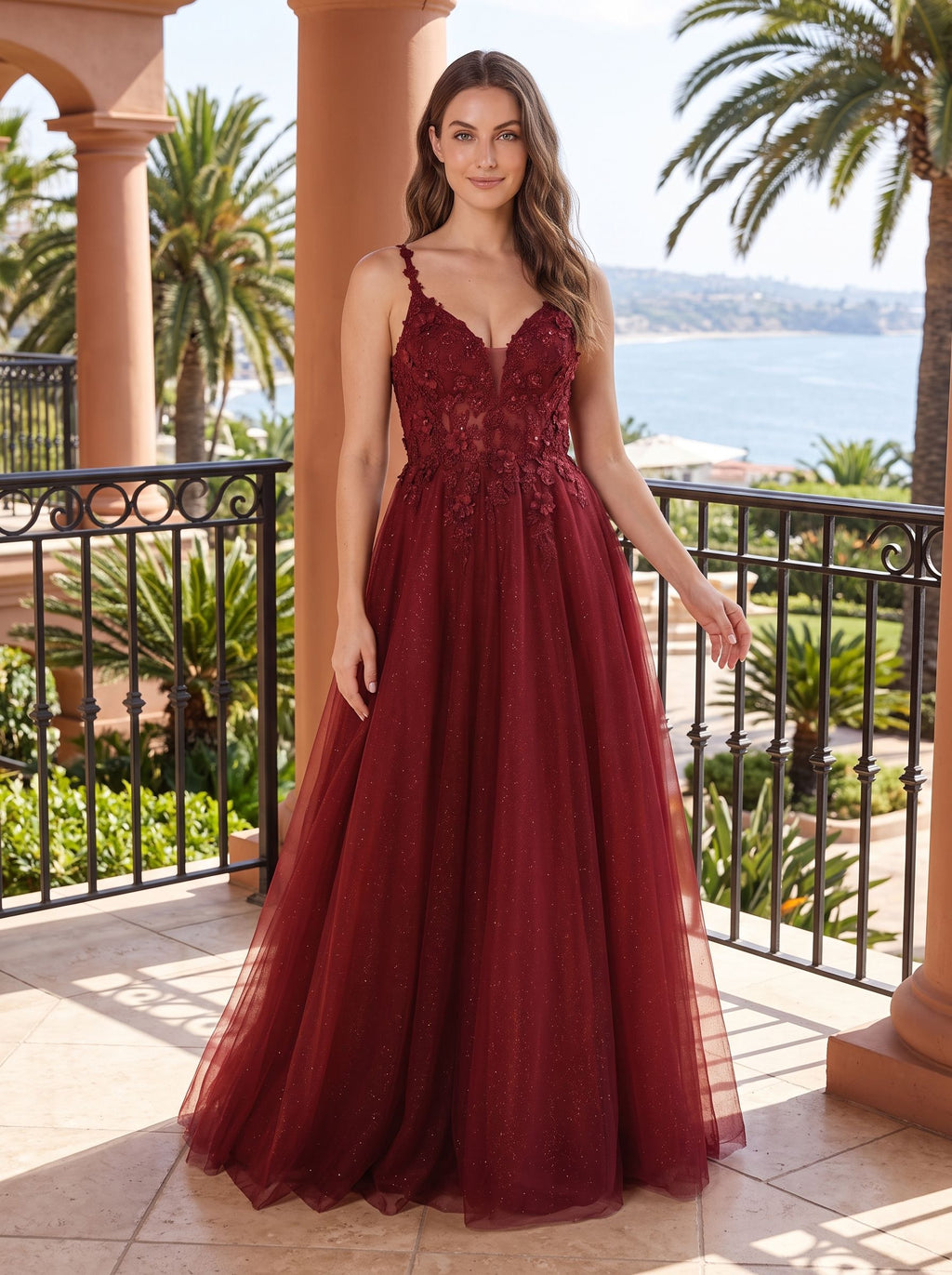 Wine Tulle A-Line V-Neck Illusion Floor-Length Dress with Floral Embroidery