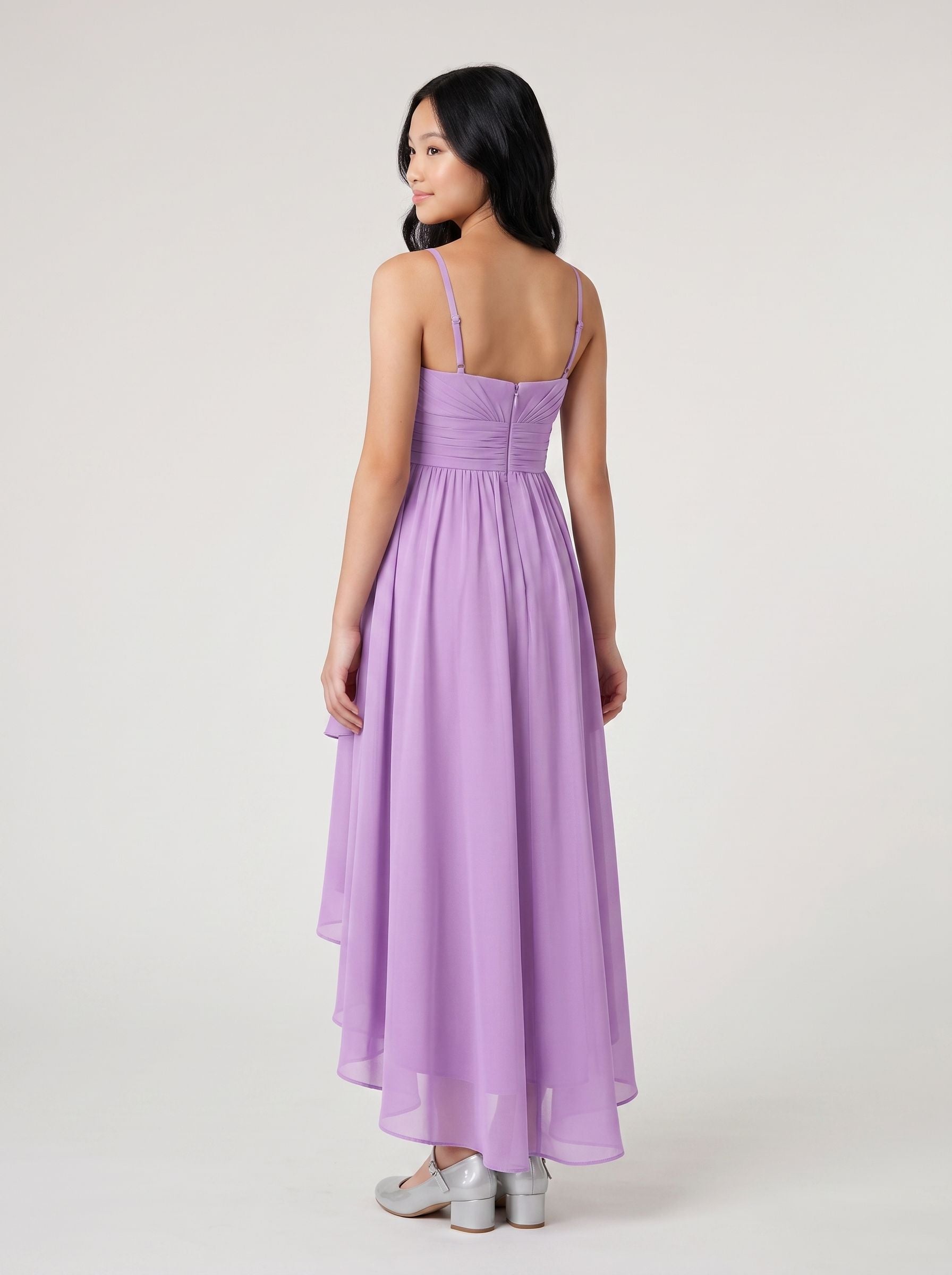Wisteria Chiffon A-Line Sweetheart Back Zip Asymmetrical Dress with Ruched Bodice