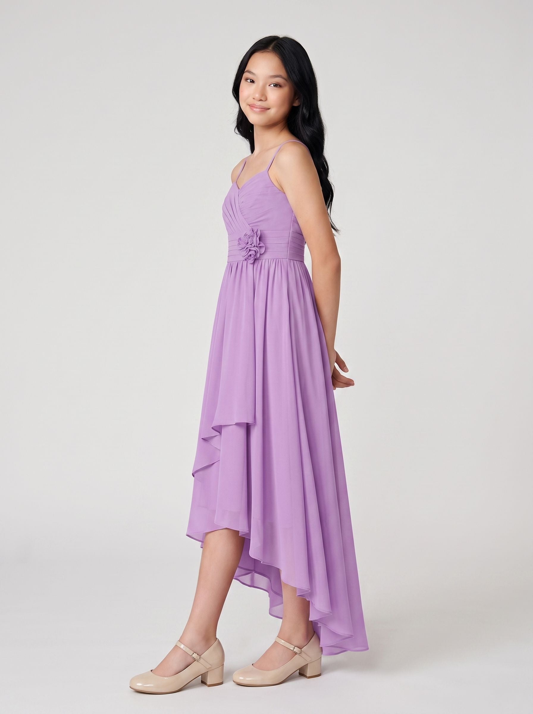Wisteria Chiffon A-Line Sweetheart Back Zip Asymmetrical Dress with Ruched Bodice
