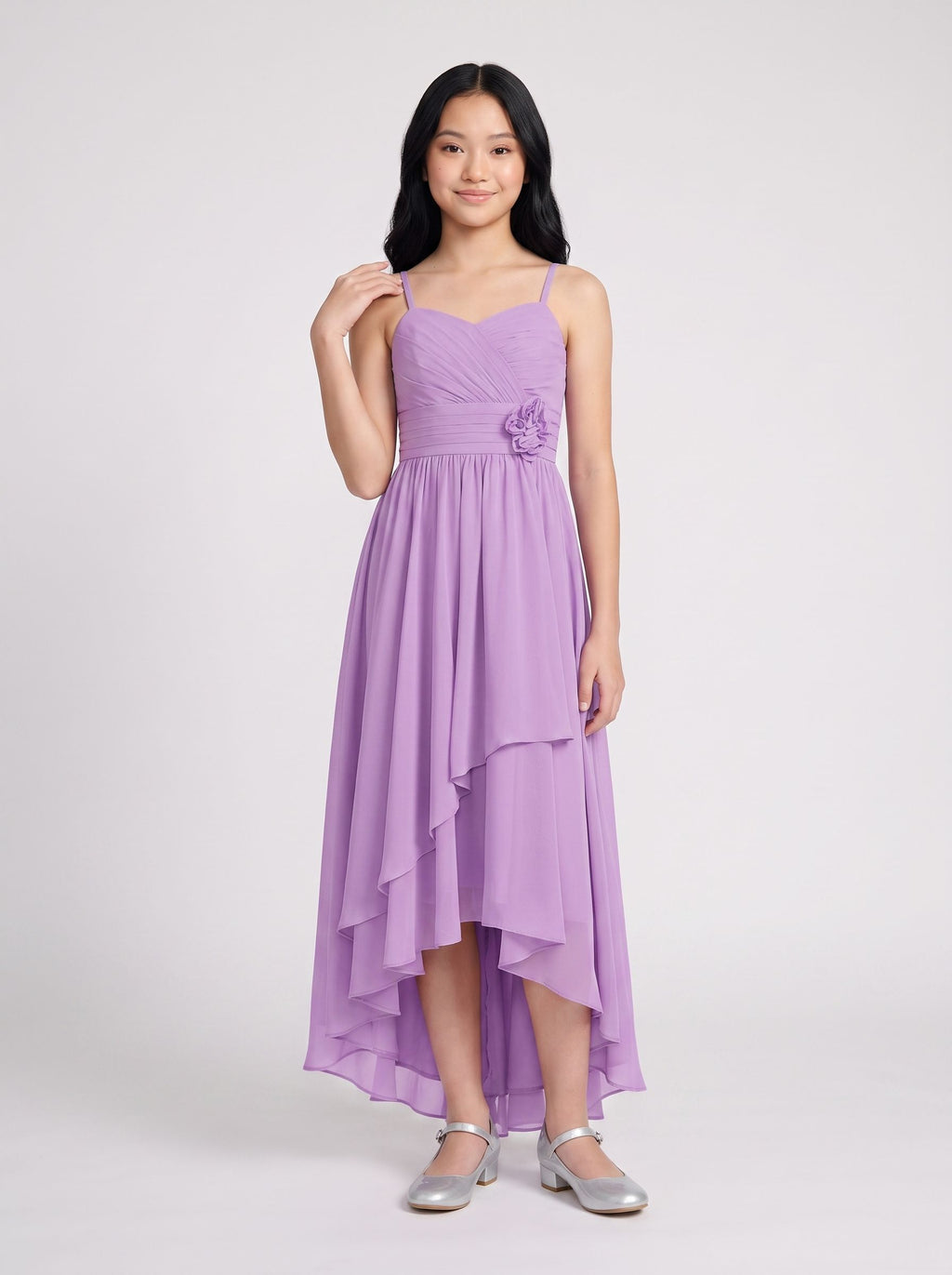 Wisteria Chiffon A-Line Sweetheart Back Zip Asymmetrical Dress with Ruched Bodice
