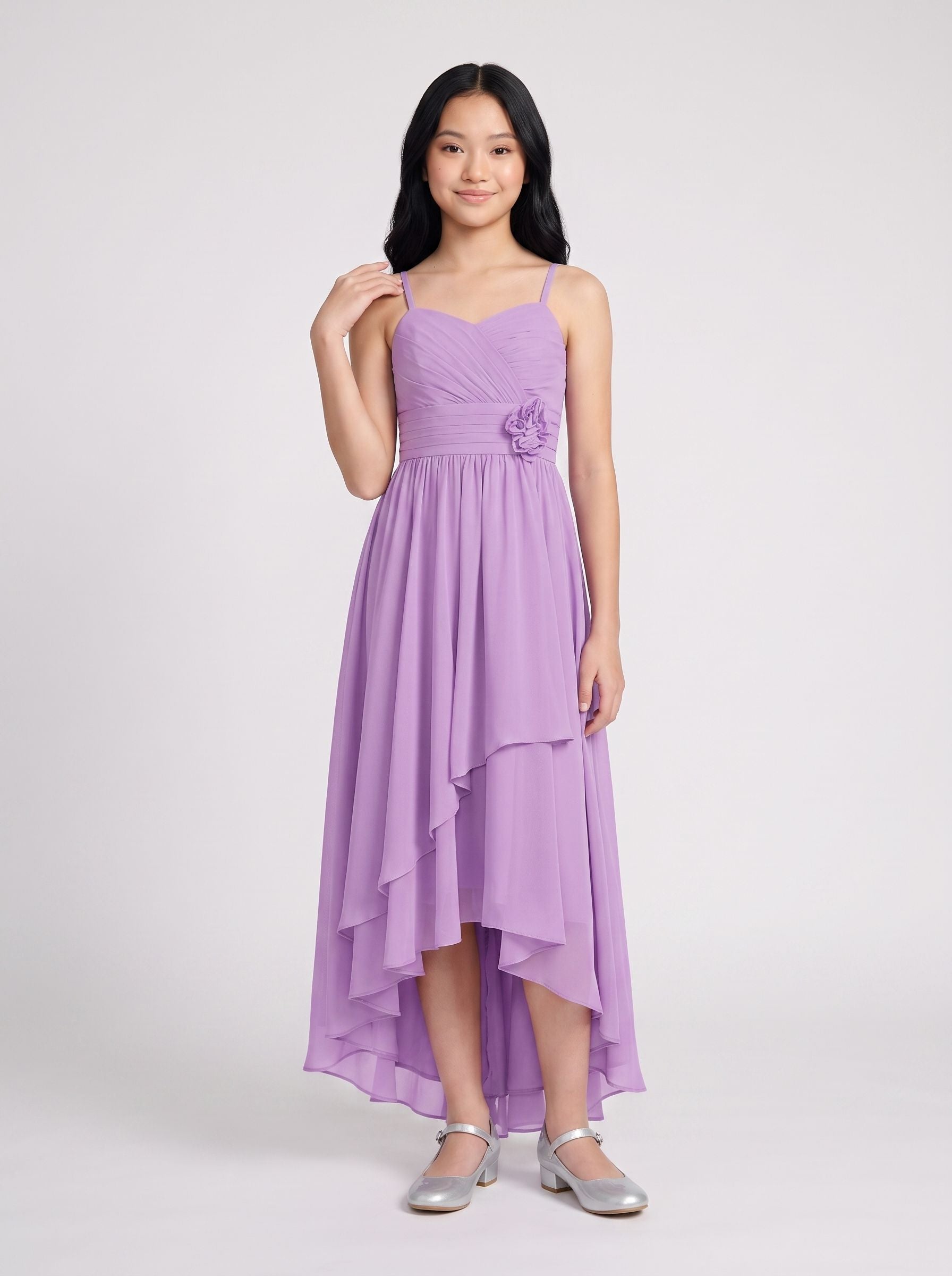 Wisteria Chiffon A-Line Sweetheart Back Zip Asymmetrical Dress with Ruched Bodice