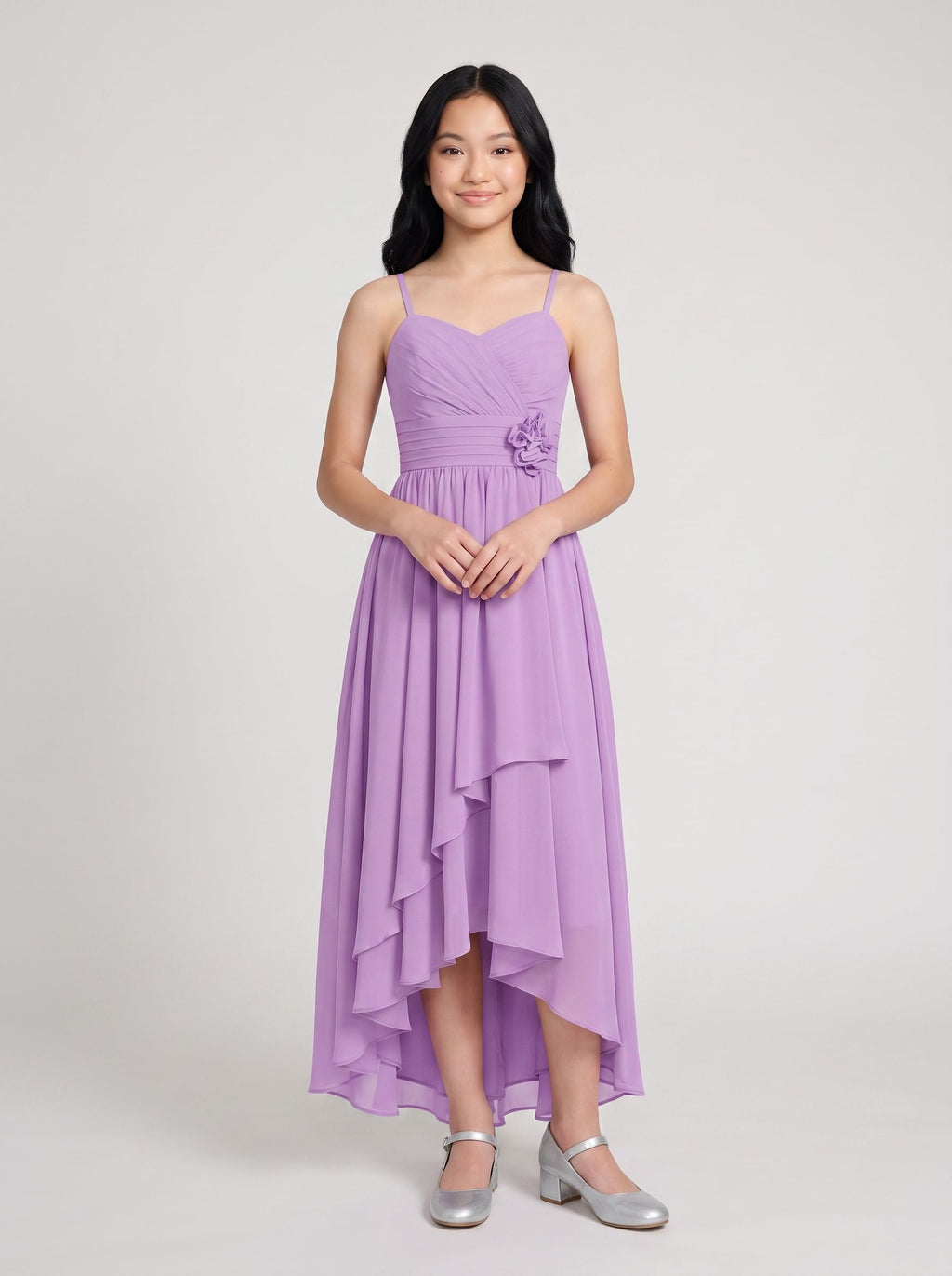 Wisteria Chiffon A-Line Sweetheart Back Zip Asymmetrical Dress with Ruched Bodice