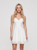 White Satin A-Line V-Neck Illusion Short Dress with Pleated Bodice
