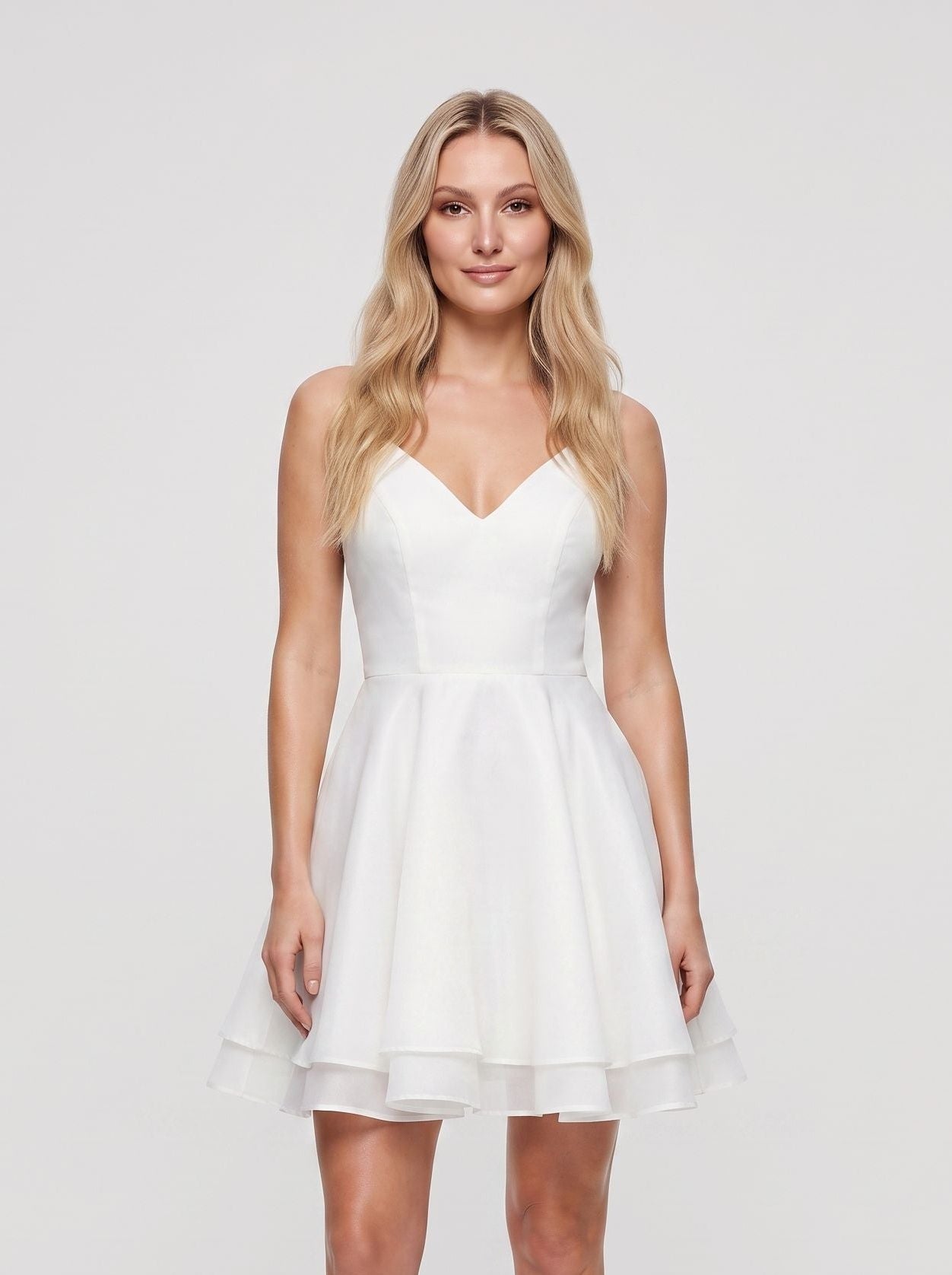 White Satin A-Line V-Neck Illusion Short Dress with Pleated Bodice