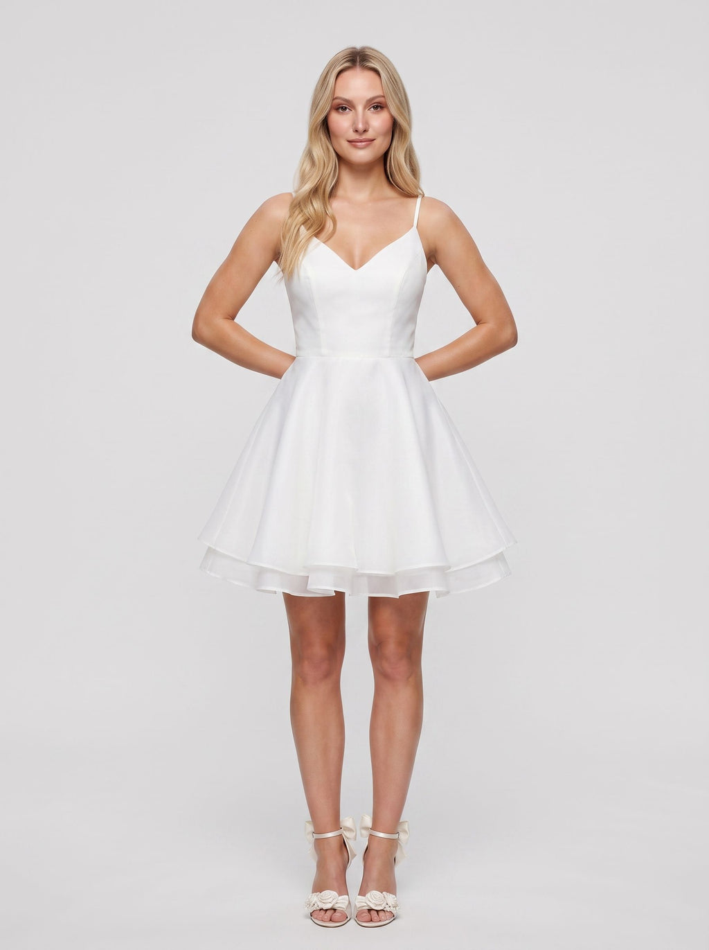 White Satin A-Line V-Neck Illusion Short Dress with Pleated Bodice