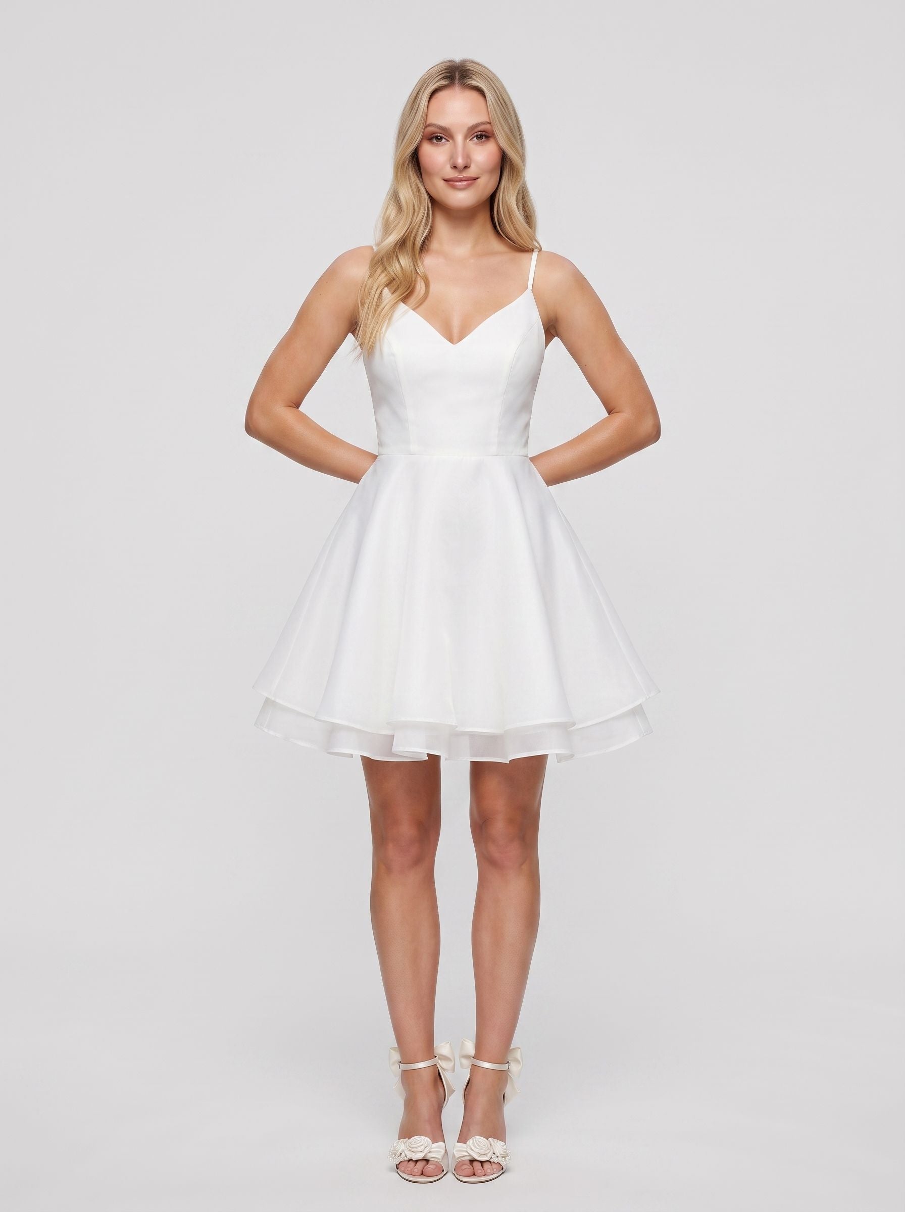 White Satin A-Line V-Neck Illusion Short Dress with Pleated Bodice
