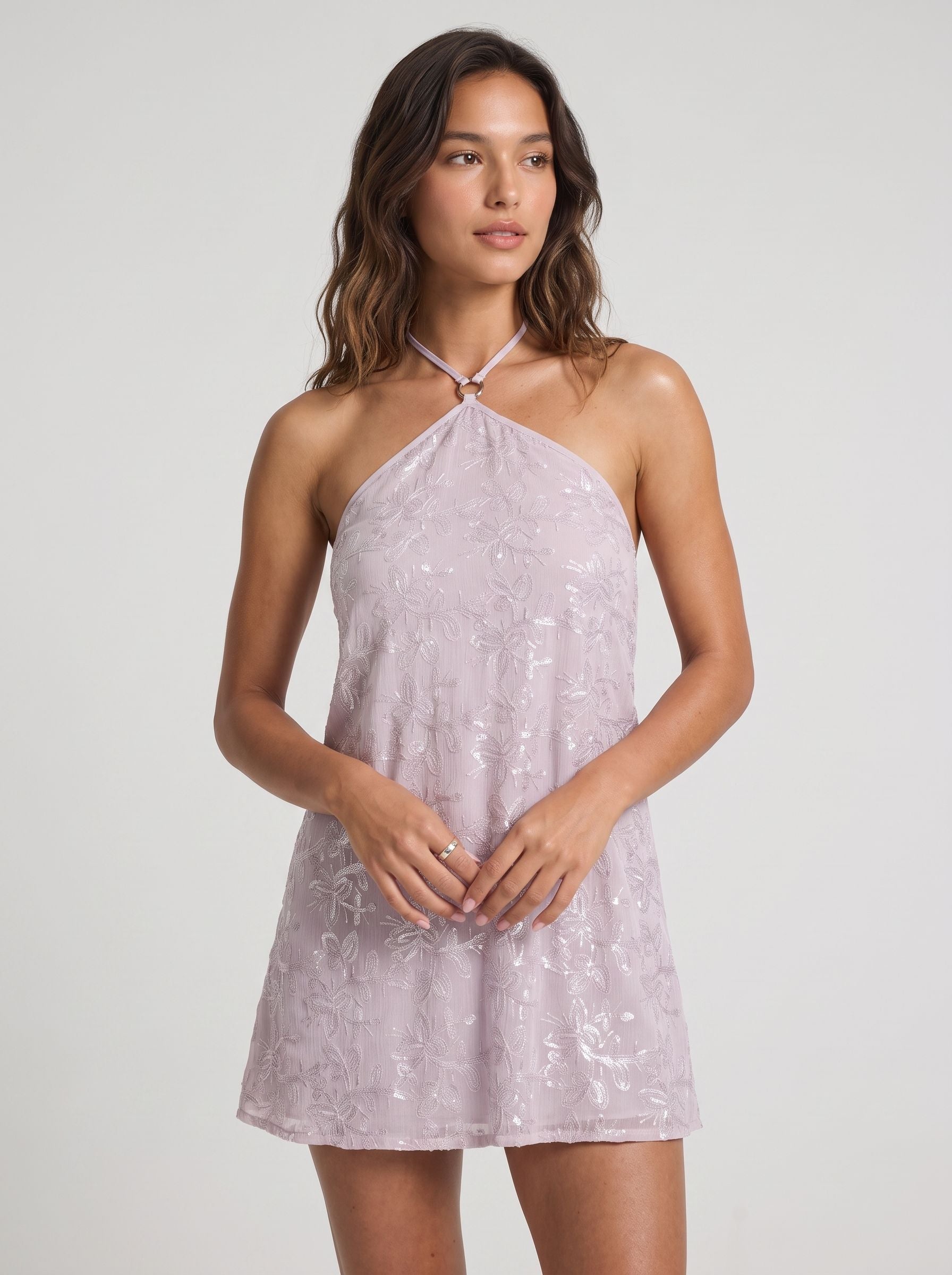 Wisteria Sequins column Halter neckline Criss-Cross Straps Short Dress with Floral Print