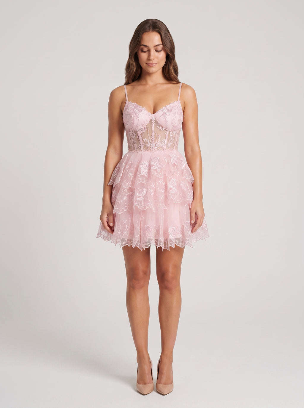 Blushing Pink Tulle A-Line Sweetheart  Back Zip Short Dress with Tiered Skirt