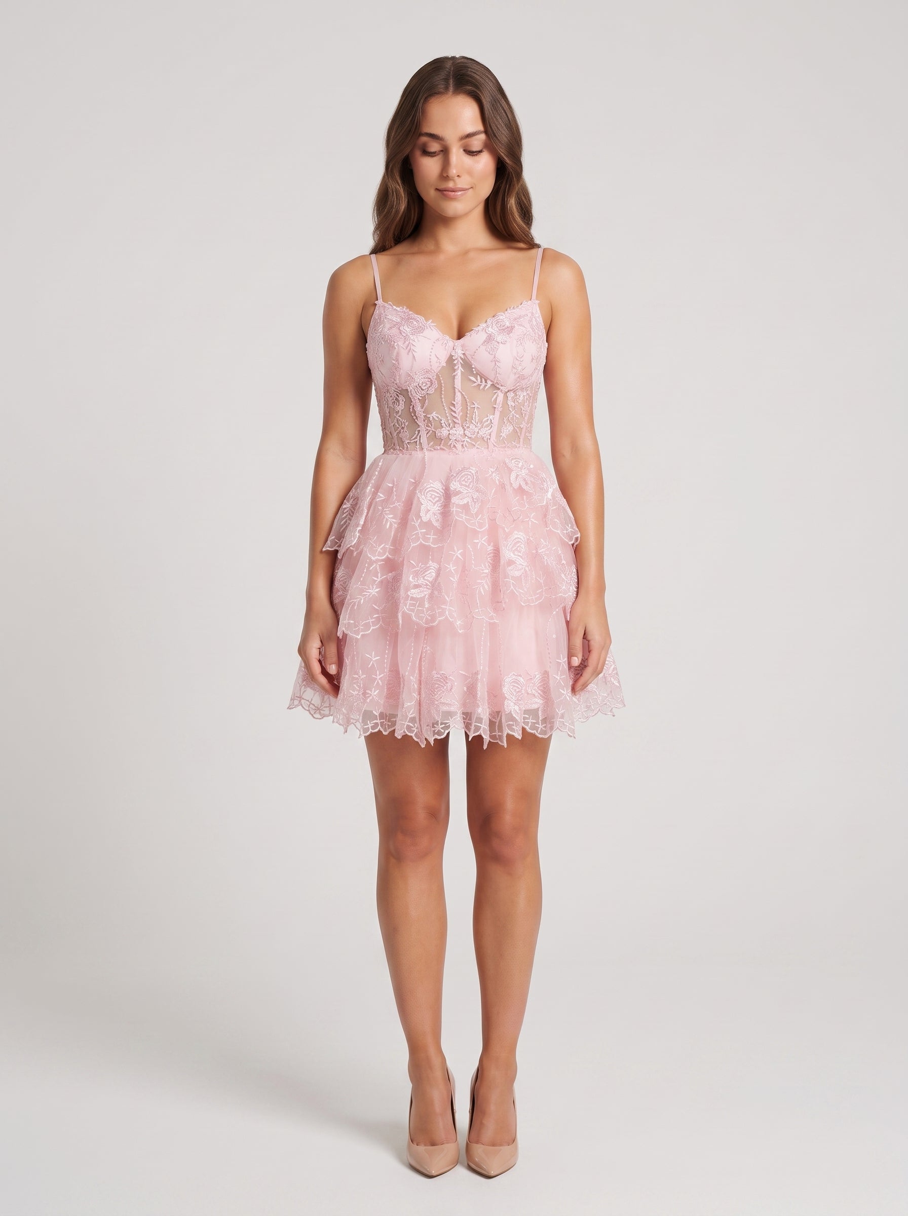 Blushing Pink Tulle A-Line Sweetheart  Back Zip Short Dress with Tiered Skirt