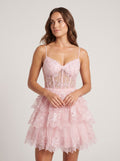 Blushing Pink Tulle A-Line Sweetheart  Back Zip Short Dress with Tiered Skirt
