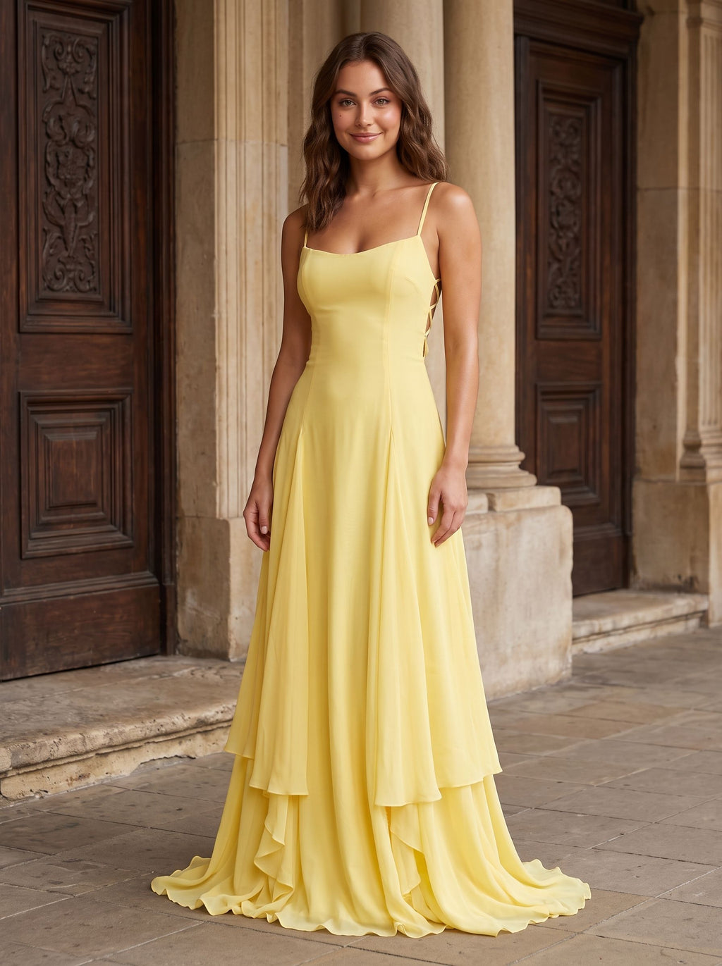 Daffodil Chiffon A-Line Sweetheart Criss-Cross Straps Floor-Length Dress with Pleated Bodice