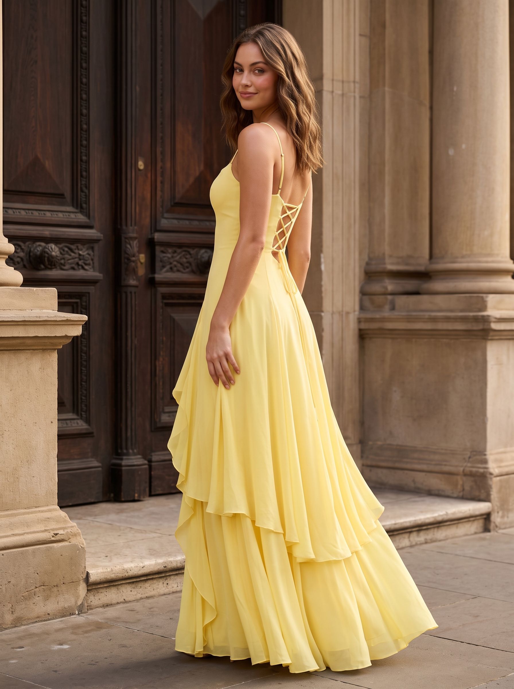 Daffodil Chiffon A-Line Sweetheart Criss-Cross Straps Floor-Length Dress with Pleated Bodice