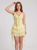 Yellow Chiffon A-Line Halter neckline Backless Mini Dress with Flowy ruffles