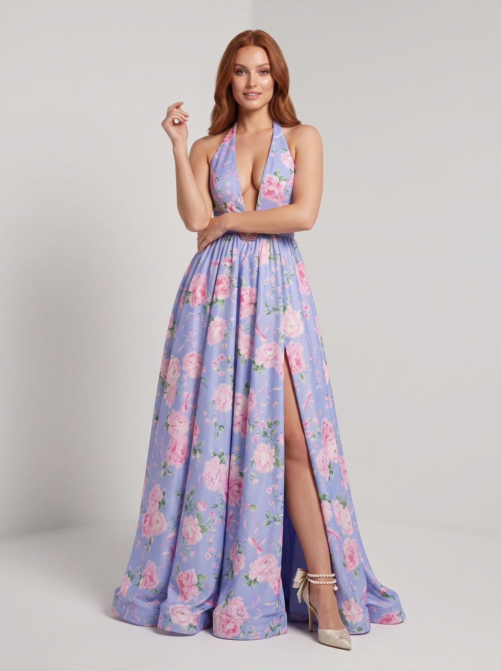 Purple Floral Chiffon A-Line Halter neckline Backless Floor-Length Dress