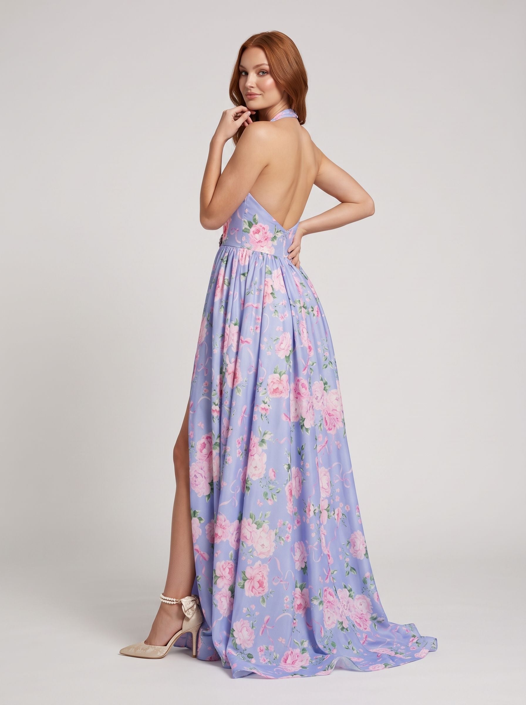 Purple Floral Chiffon A-Line Halter neckline Backless Floor-Length Dress