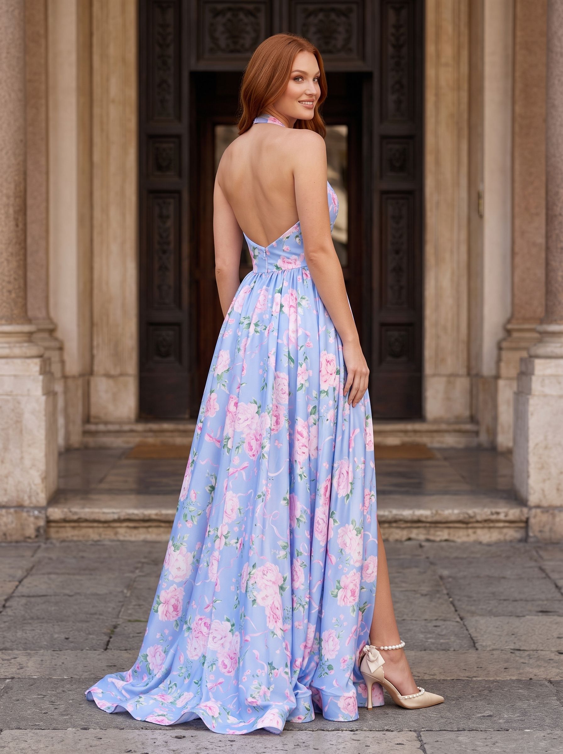 Purple Floral Chiffon A-Line Halter neckline Backless Floor-Length Dress