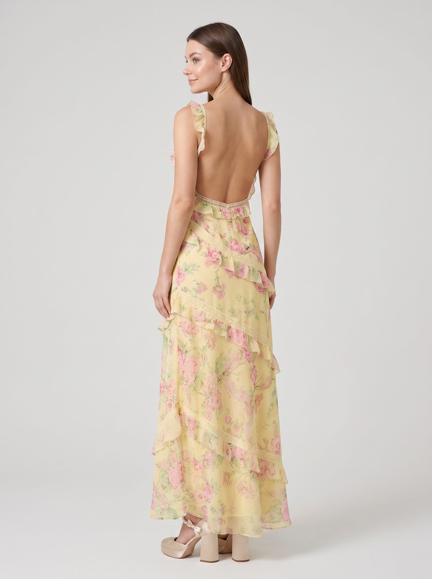 Yellow Floral Chiffon and Lace A-Line V-Neck Backless Floor-Length Dress with Lace Bodice
