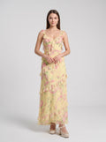 Yellow Floral Chiffon and Lace A-Line V-Neck Backless Floor-Length Dress with Lace Bodice