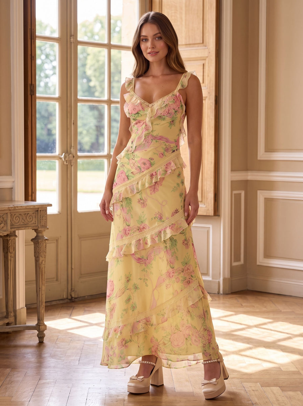Yellow Floral Chiffon and Lace A-Line V-Neck Backless Floor-Length Dress with Lace Bodice