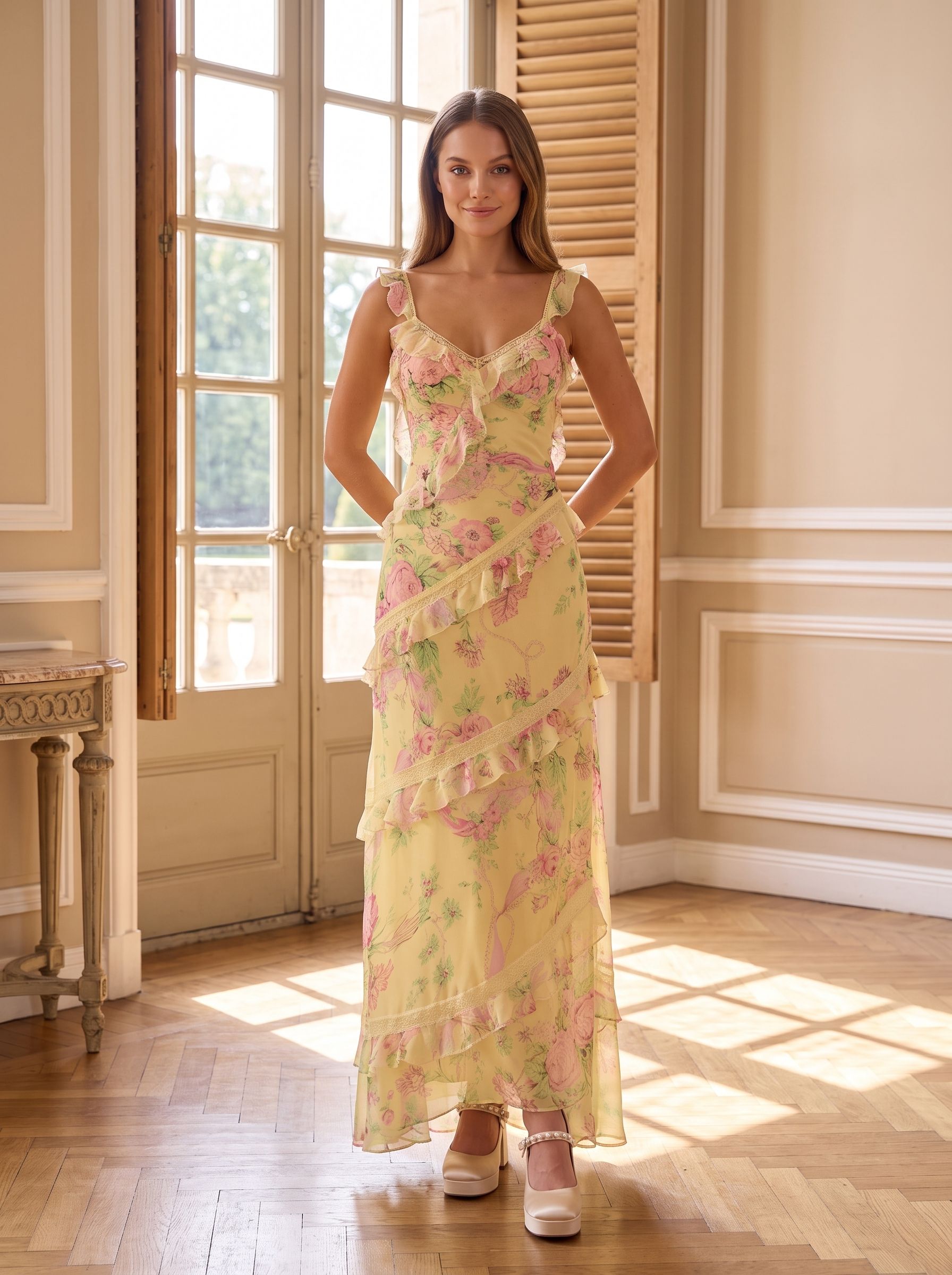 Yellow Floral Chiffon and Lace A-Line V-Neck Backless Floor-Length Dress with Lace Bodice