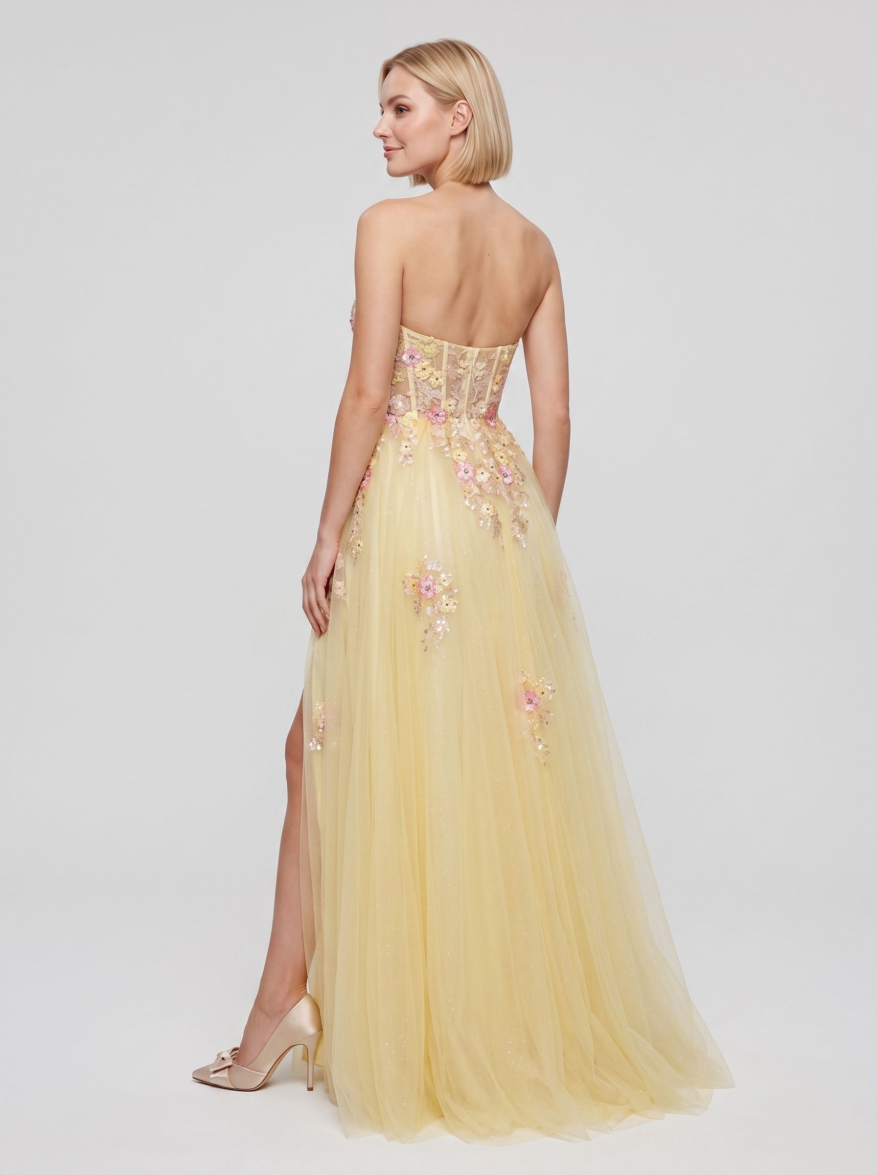 Yellow Tulle A-Line Sweetheart Corset Back Floor-Length Dress with 3D Floral Embroidery & Slit