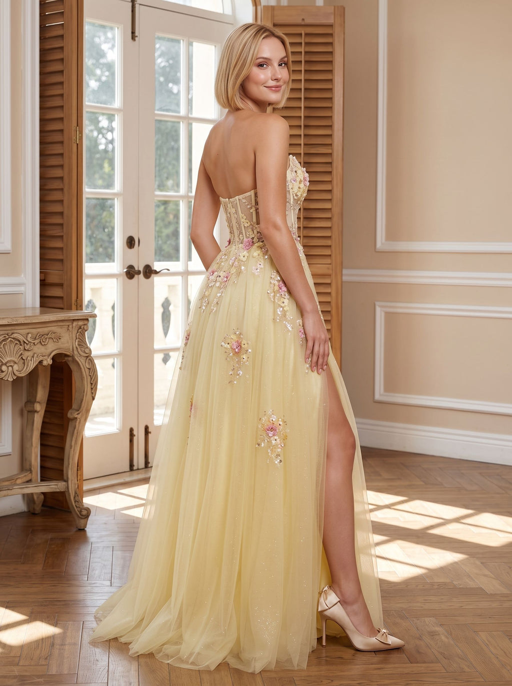 Yellow Tulle A-Line Sweetheart Corset Back Floor-Length Dress with 3D Floral Embroidery & Slit