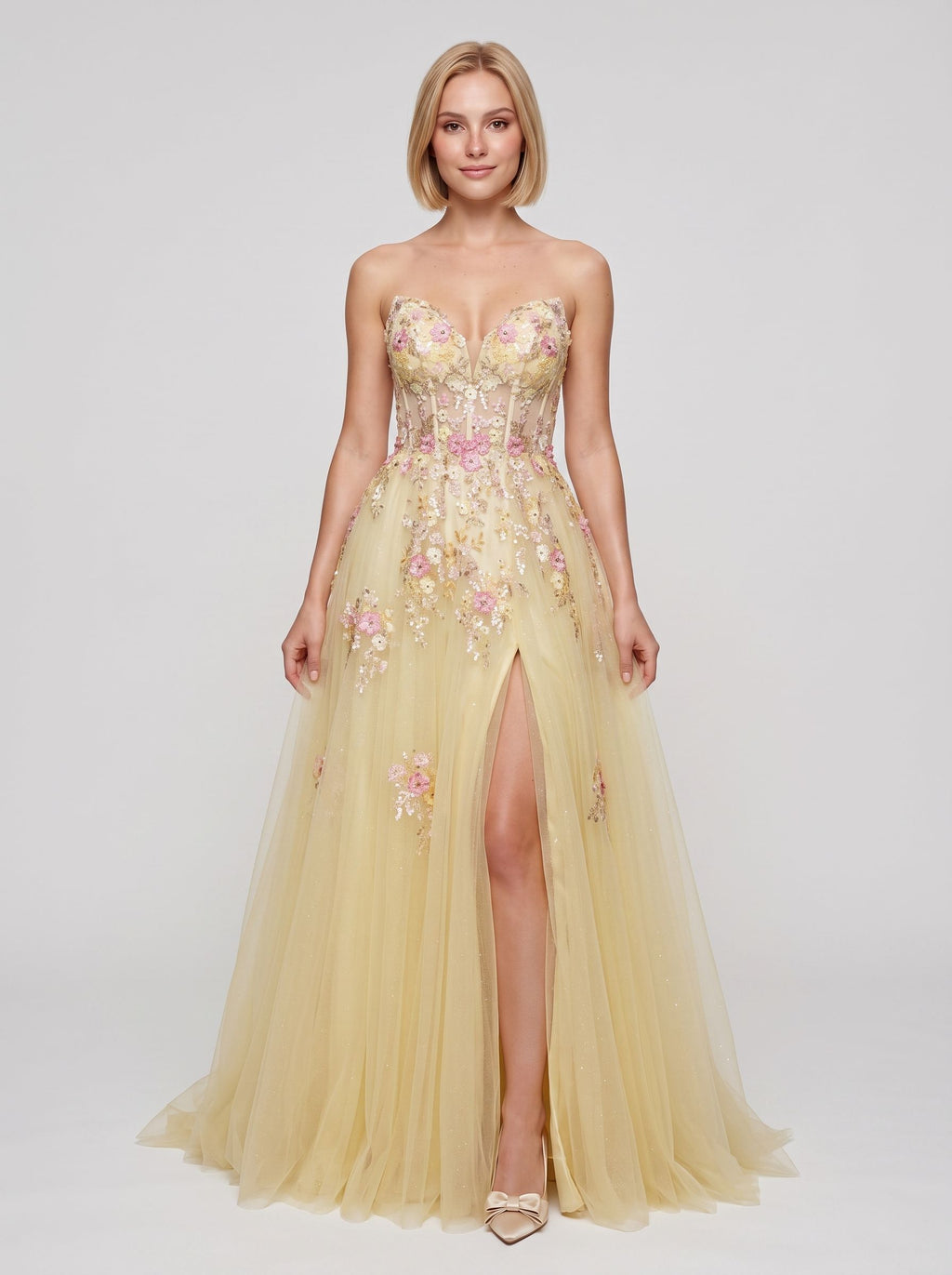 Yellow Tulle A-Line Sweetheart Corset Back Floor-Length Dress with 3D Floral Embroidery & Slit