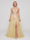 Yellow Tulle A-Line Sweetheart Corset Back Floor-Length Dress with 3D Floral Embroidery & Slit
