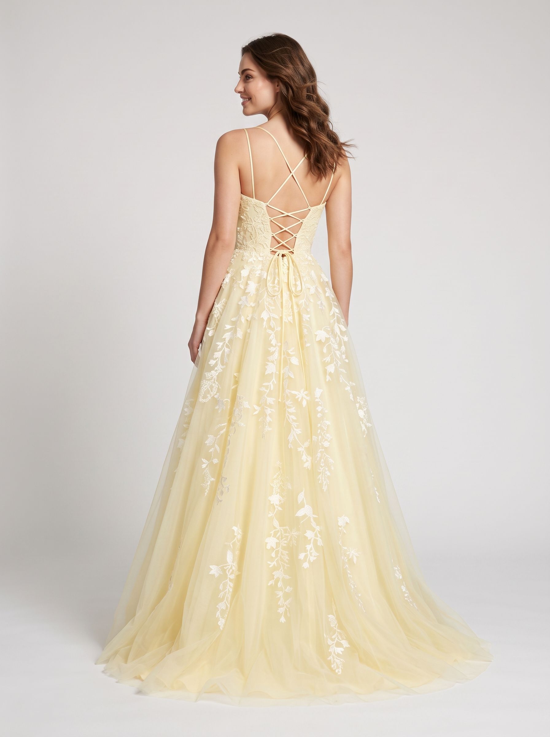Yellow Tulle & Lace A-Line Scoop Neck Lace-up Floor-Length Dress with Lace Bodice