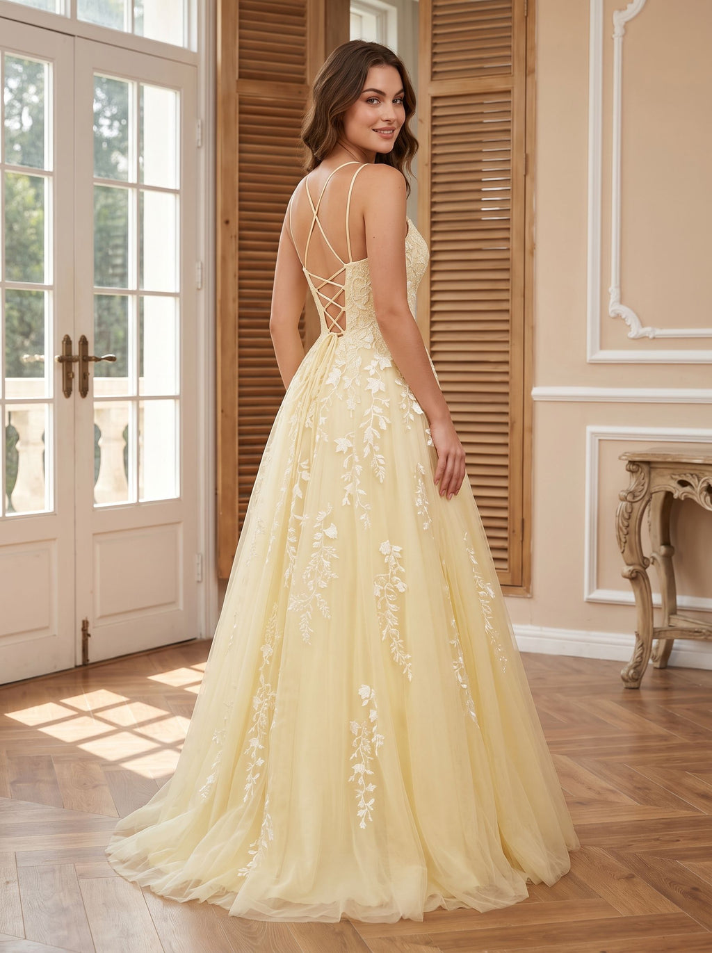 Yellow Tulle & Lace A-Line Scoop Neck Lace-up Floor-Length Dress with Lace Bodice