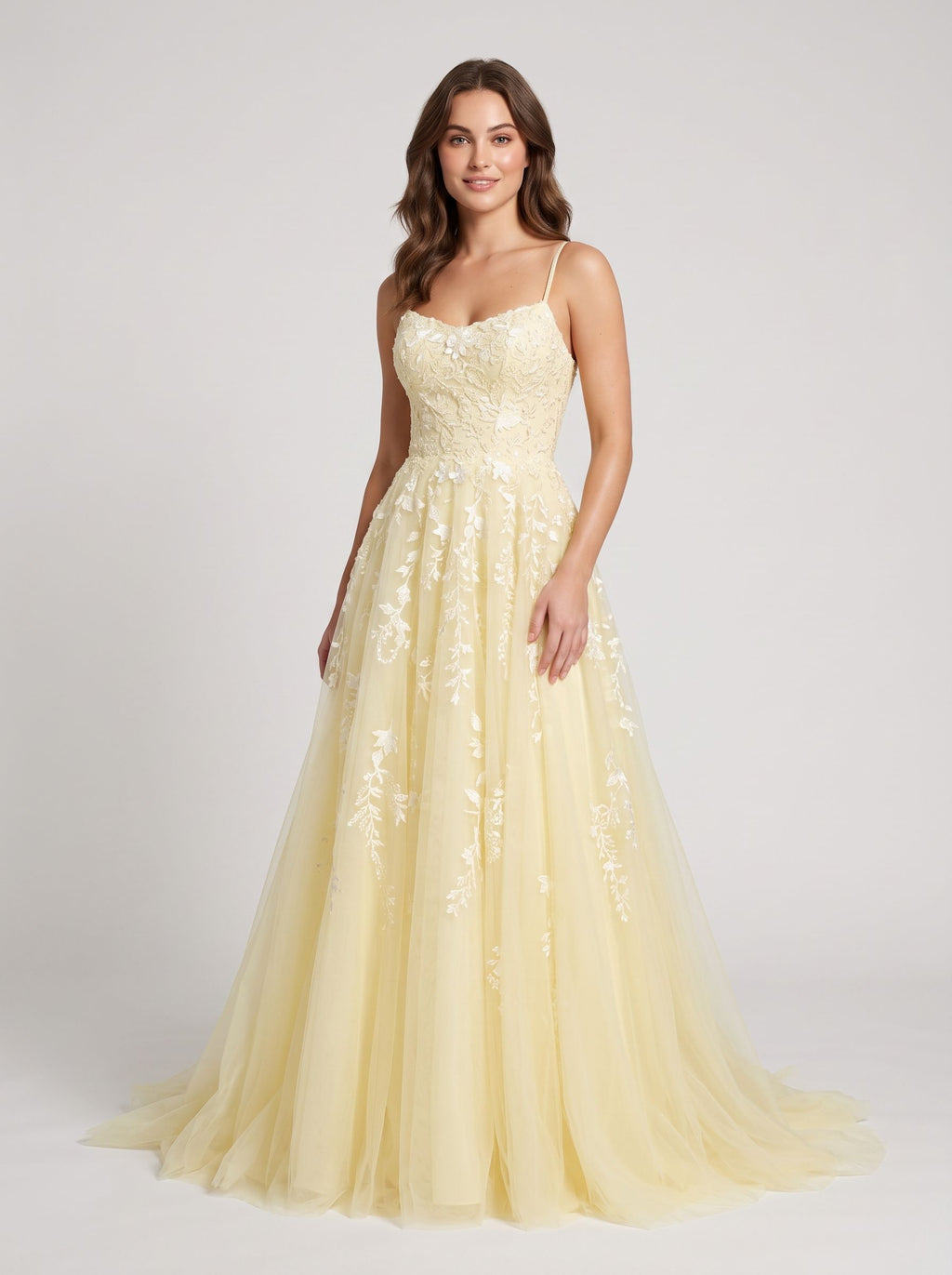 Yellow Tulle & Lace A-Line Scoop Neck Lace-up Floor-Length Dress with Lace Bodice