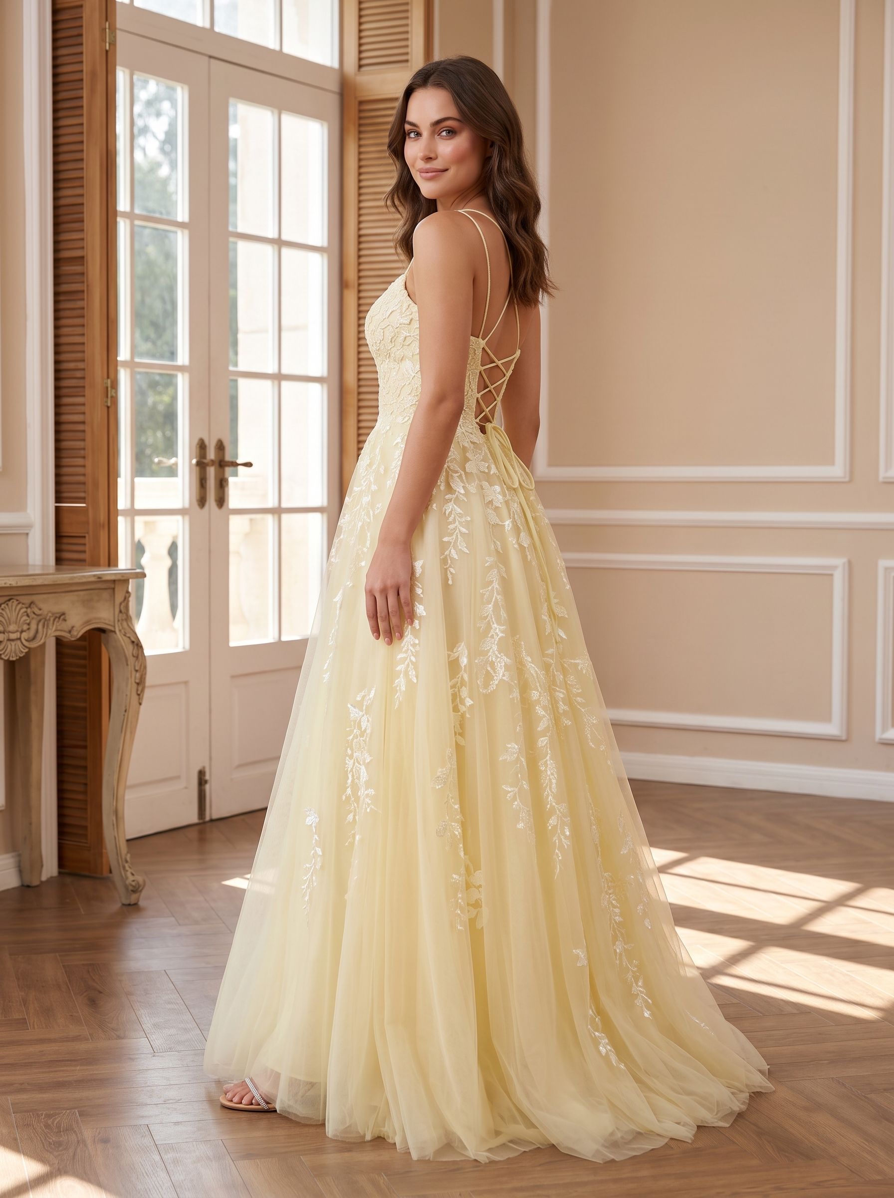 Yellow Tulle & Lace A-Line Scoop Neck Lace-up Floor-Length Dress with Lace Bodice