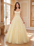 Yellow Tulle & Lace A-Line Scoop Neck Lace-up Floor-Length Dress with Lace Bodice