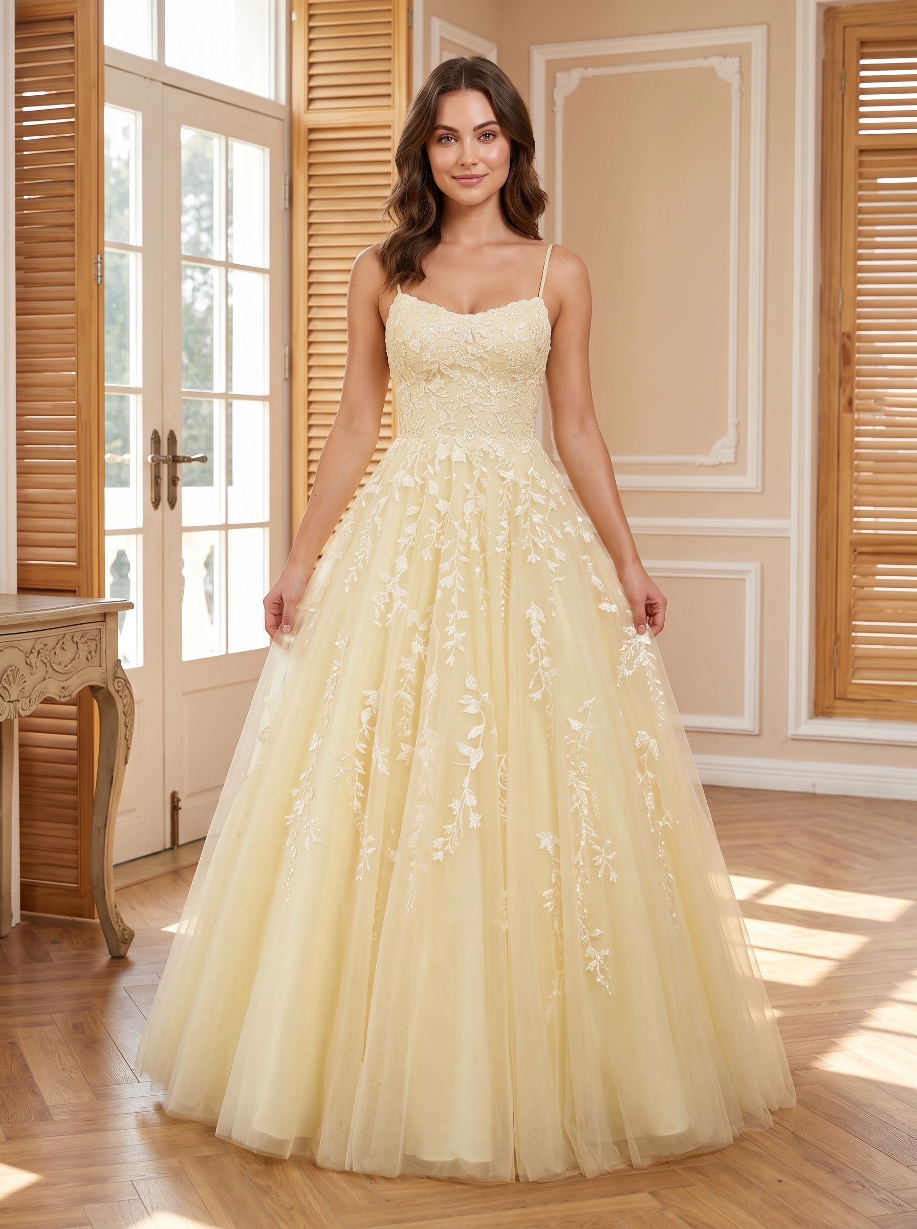 Yellow Tulle & Lace A-Line Scoop Neck Lace-up Floor-Length Dress with Lace Bodice