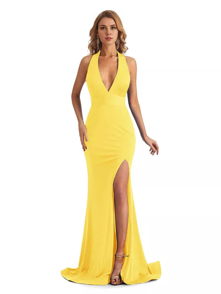 Sexy Mermaid Halter V-neck halter Side Slit  Jersey Long Formal Bridesmaid Dresses
