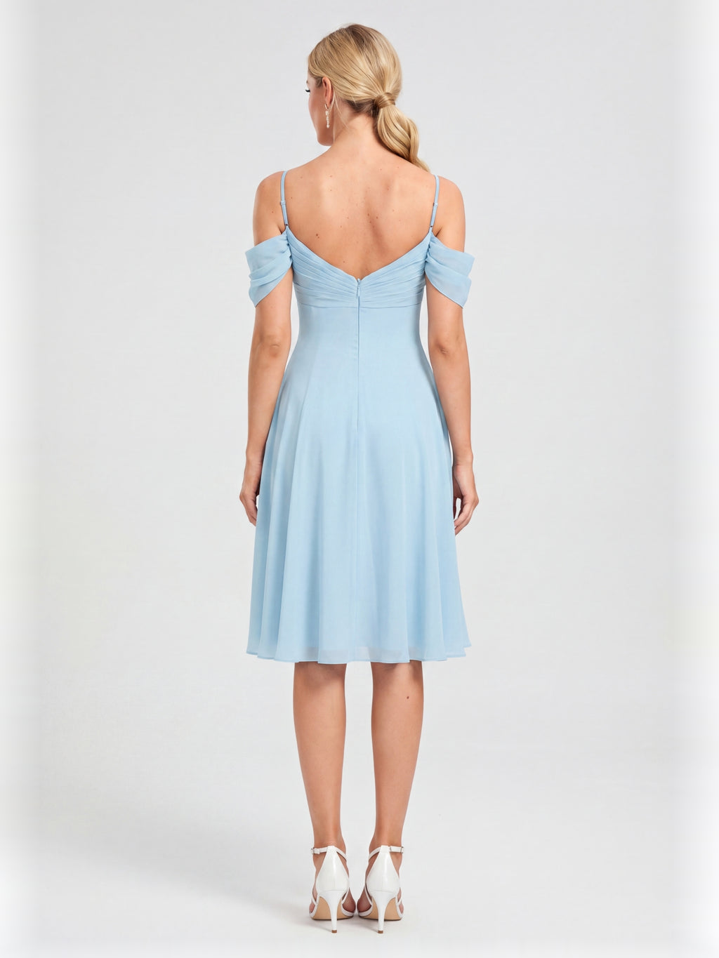 Coquette Sky Blue Chiffon A-Line Straight Neck Knee-Length Bridesmaid Dress