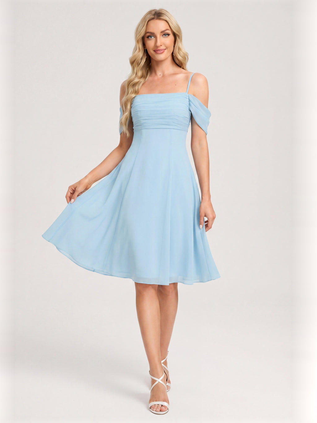 Coquette Sky Blue Chiffon A-Line Straight Neck Knee-Length Bridesmaid Dress