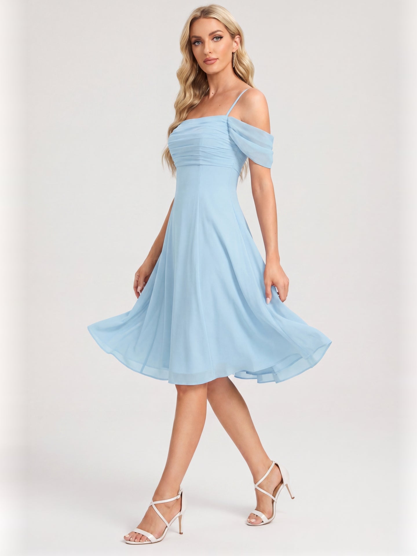 Coquette Sky Blue Chiffon A-Line Straight Neck Knee-Length Bridesmaid Dress