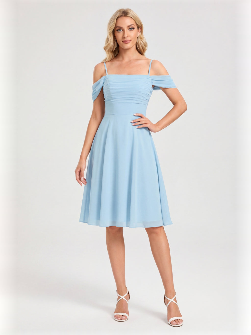 Coquette Sky Blue Chiffon A-Line Straight Neck Knee-Length Bridesmaid Dress