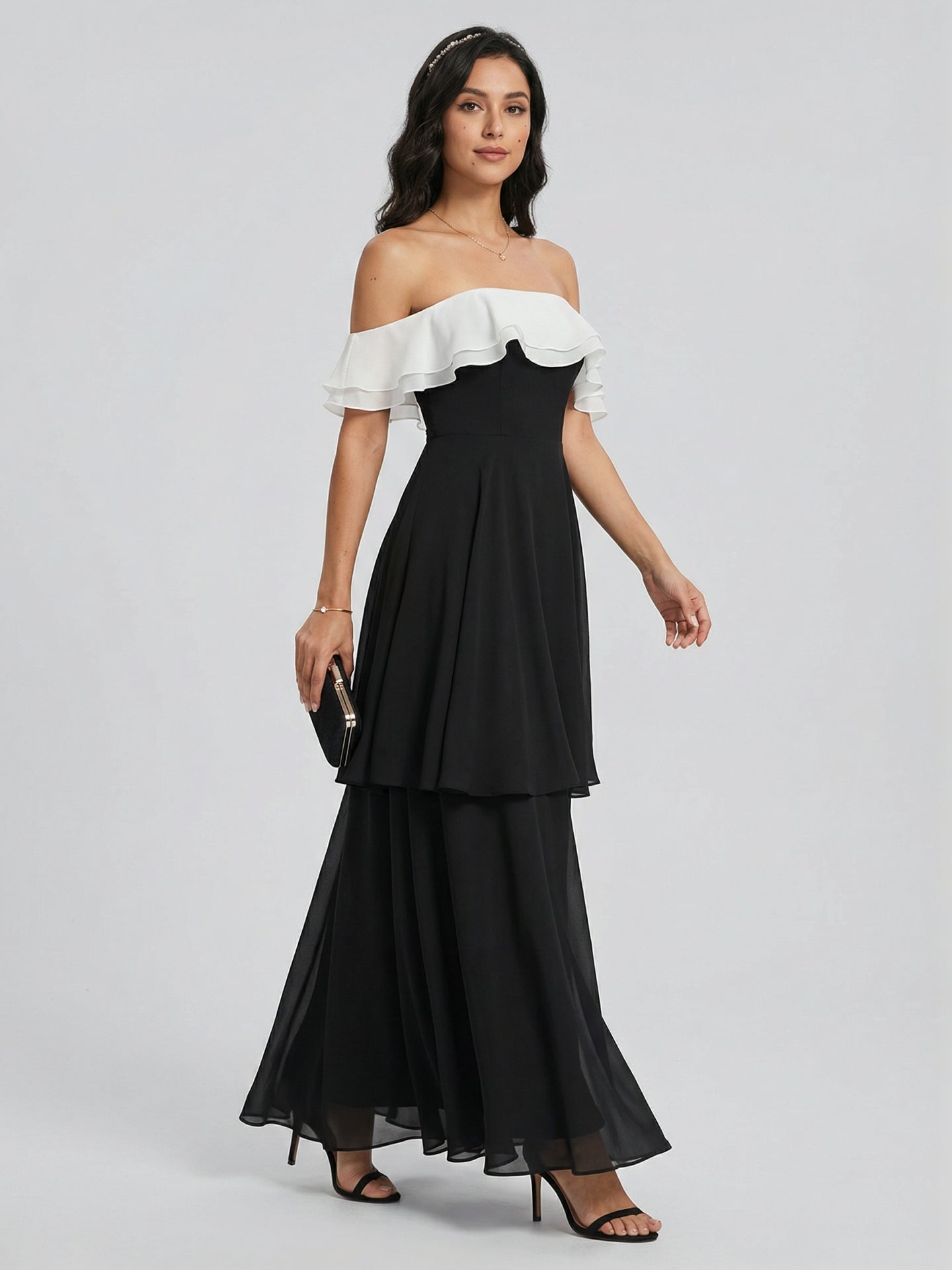Coquette Black Chiffon A-Line Off-the-Shoulder Ankle-Length Bridesmaid Dress