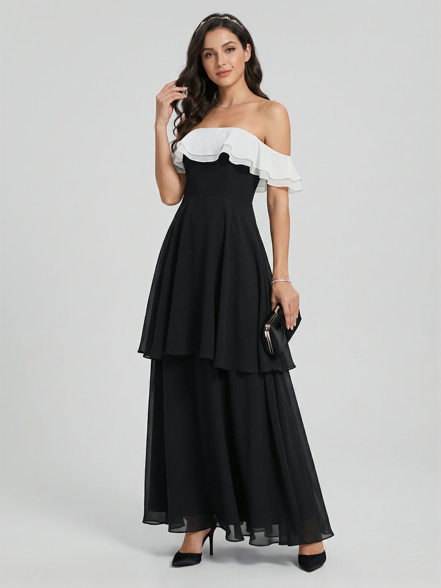 Coquette Black Chiffon A-Line Off-the-Shoulder Ankle-Length Bridesmaid Dress