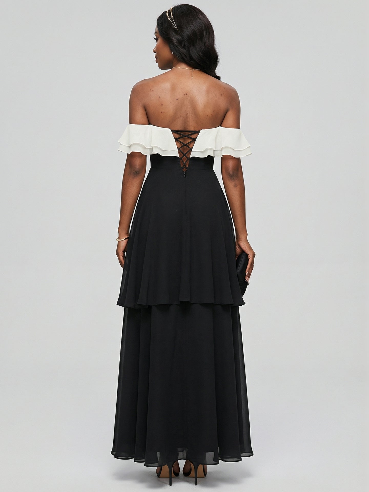 Coquette Black Chiffon A-Line Off-the-Shoulder Ankle-Length Bridesmaid Dress