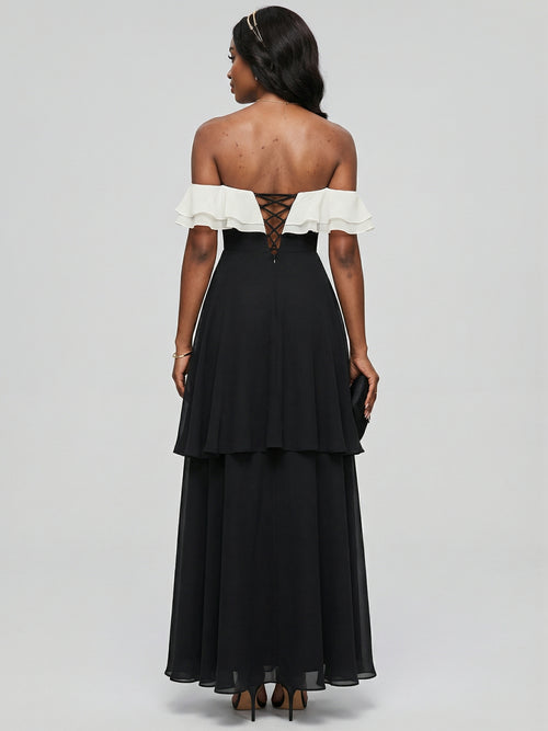 Coquette Black Chiffon A-Line Off-the-Shoulder Ankle-Length Bridesmaid Dress