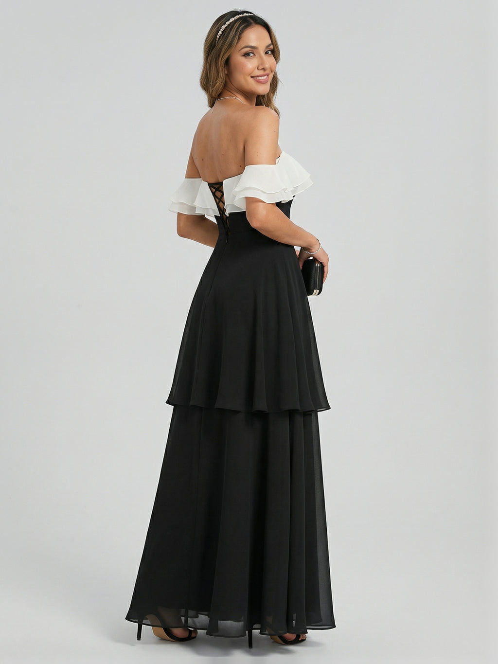 Coquette Black Chiffon A-Line Off-the-Shoulder Ankle-Length Bridesmaid Dress