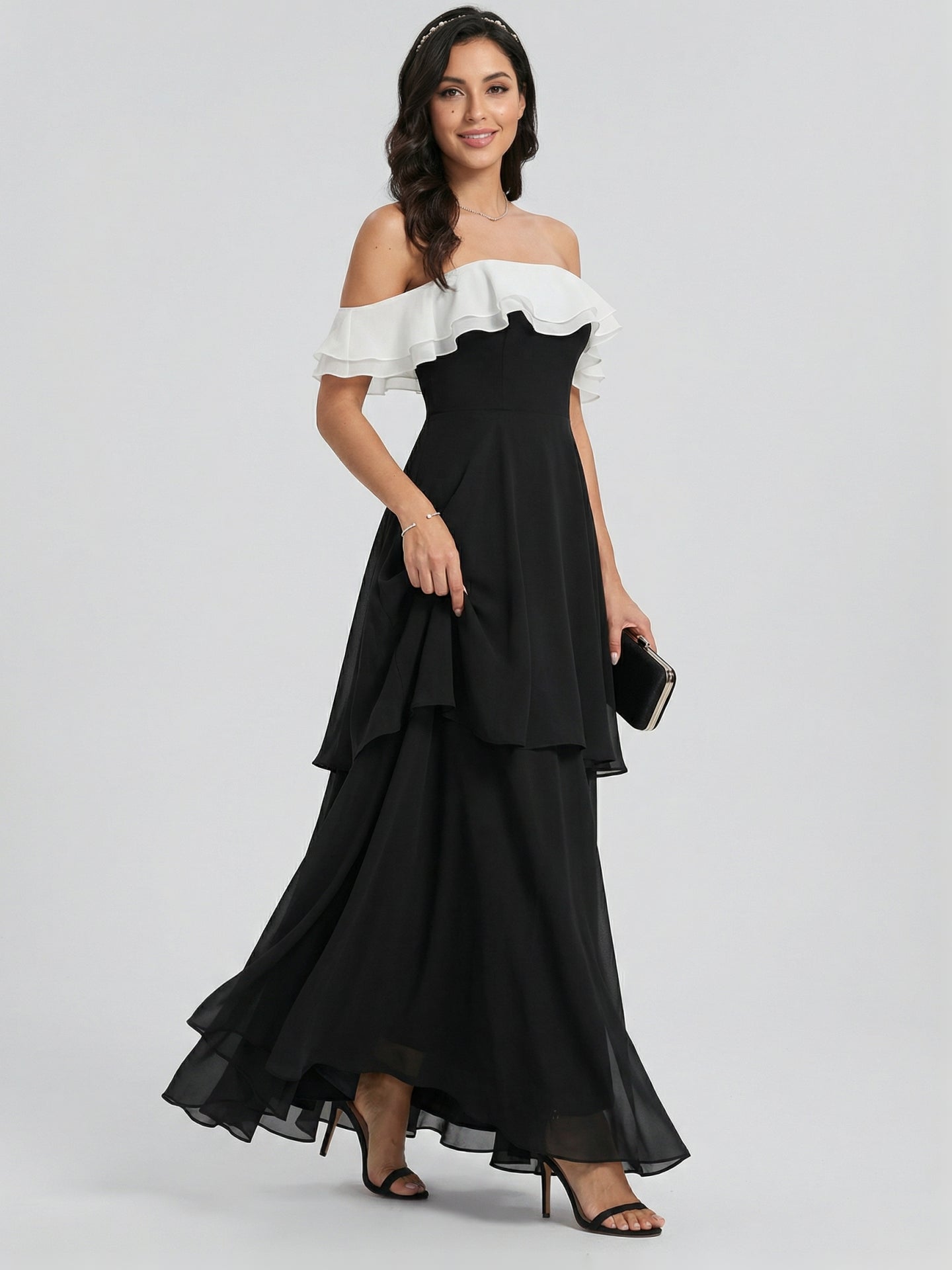 Coquette Black Chiffon A-Line Off-the-Shoulder Ankle-Length Bridesmaid Dress