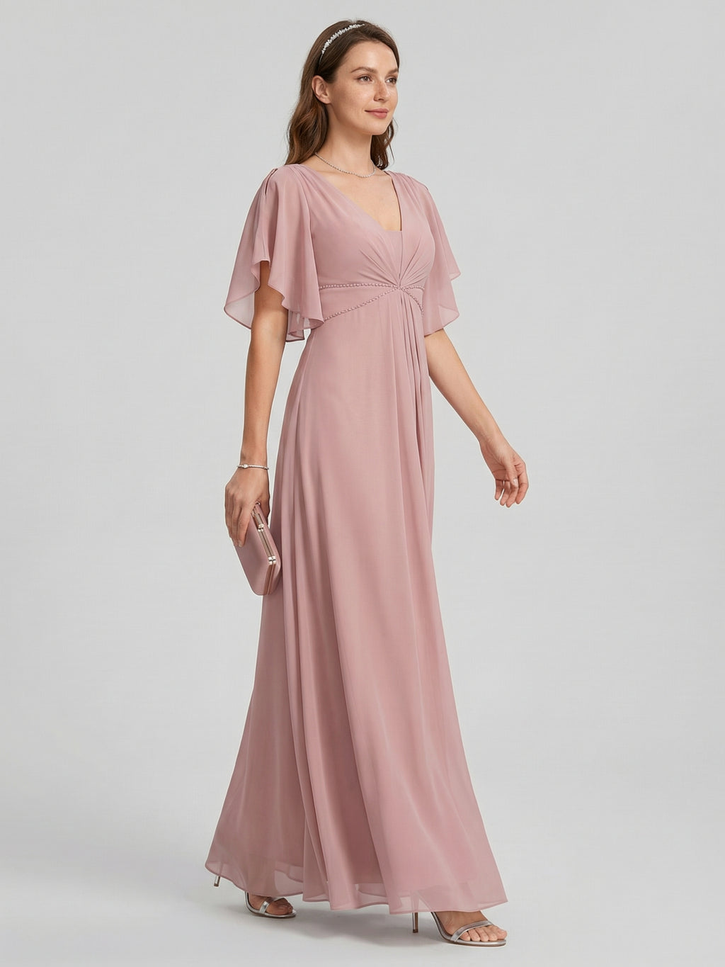 Coquette Dusty Rose Chiffon A-Line V-Neck V-Back Ankle-Length Bridesmaid Dress
