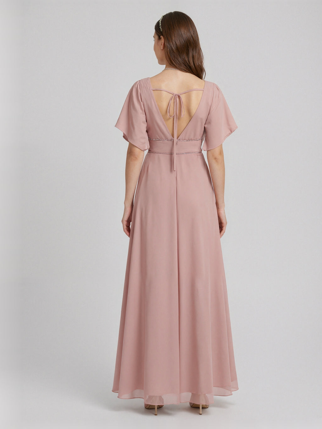 Coquette Dusty Rose Chiffon A-Line V-Neck V-Back Ankle-Length Bridesmaid Dress