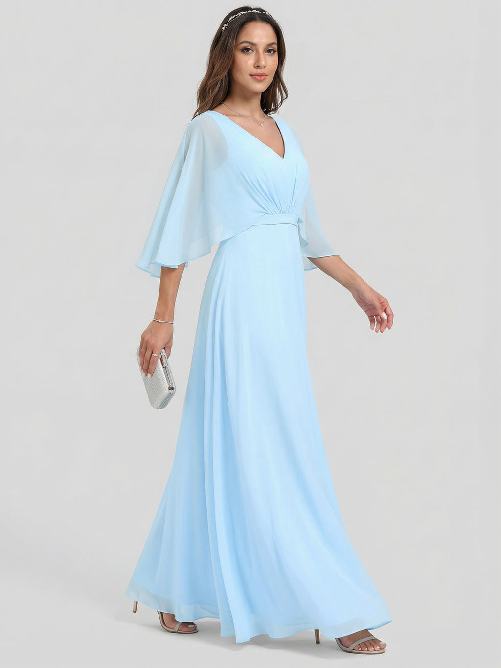 Sweet & Flowy Sky Blue Chiffon A-Line V-Neck Back Zip Ankle-Length Bridesmaid Dress