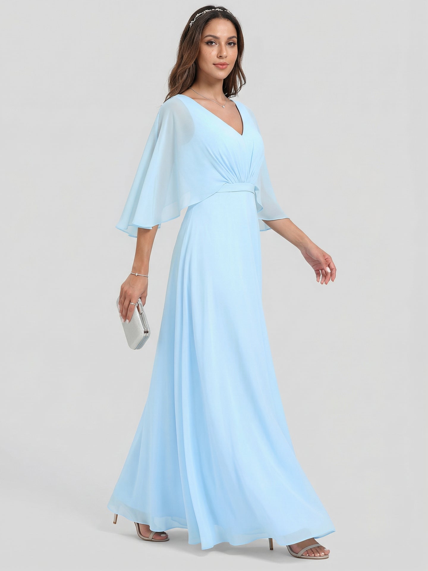Sweet & Flowy Sky Blue Chiffon A-Line V-Neck Back Zip Ankle-Length Bridesmaid Dress